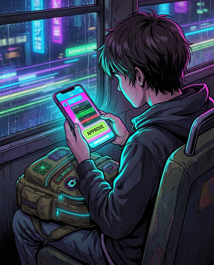 Comic panel: on a night bus, the hacker reviews an agent's diff on their phone and taps a glowing APPROVE button, rucksack on their lap