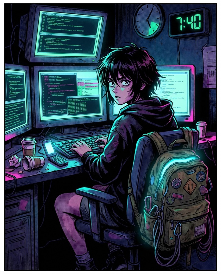 Comic panel: a hacker at a desk of glowing terminals glances at the clock, rucksack hanging empty on the chair