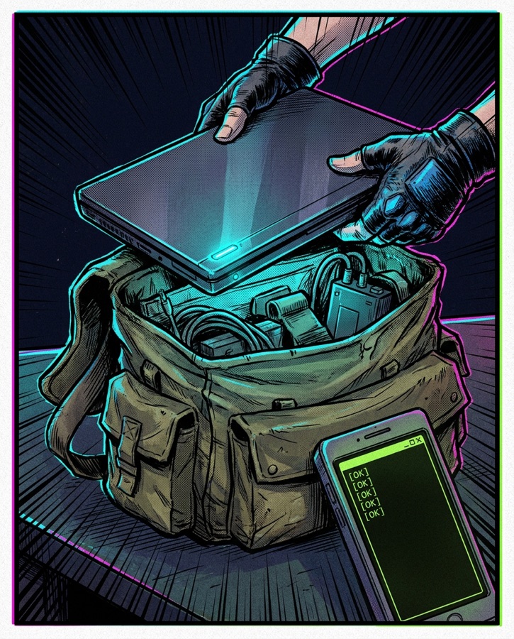 Comic panel: hands slide a glowing laptop into a canvas rucksack while a phone shows five green checks