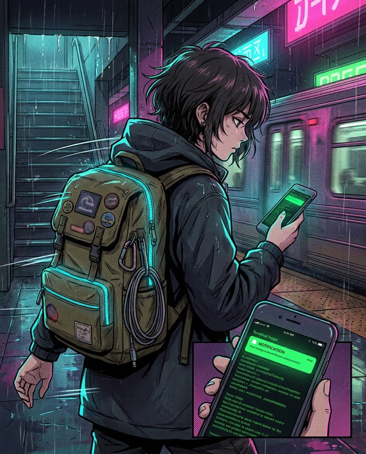 Comic panel: the hacker strides through a neon subway, glowing rucksack on their back, watching logs stream on their phone
