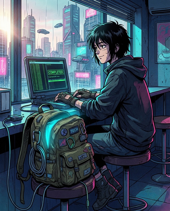 Comic panel: at a dawn-lit café counter the laptop reopens to a finished task list, rucksack slumped beside the stool